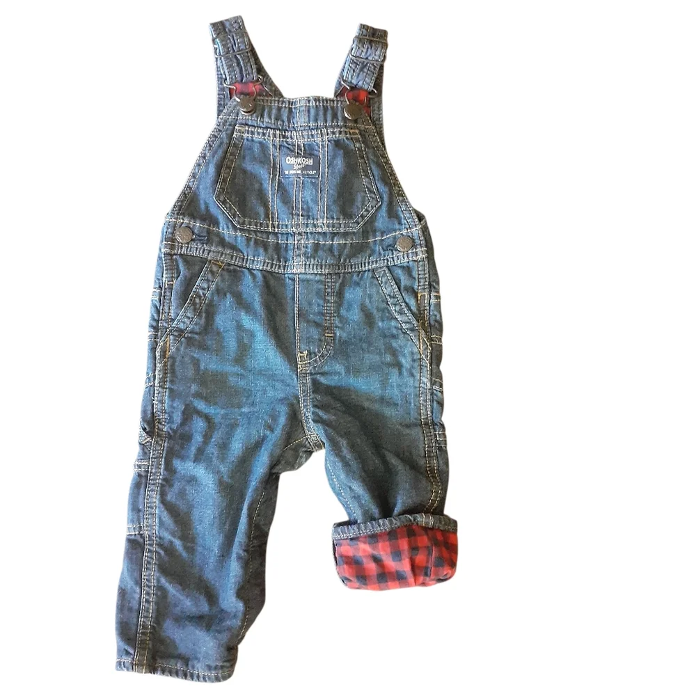 OshKosh B'gosh Blue and Red Plaid Overalls Classic Design Denim Baby 12M